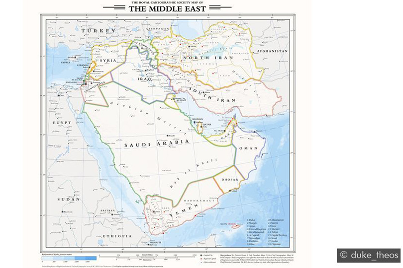 خريطة الشرق الأوسط في حال لم تقع الحرب العالمية الثانية رُسمت وفقا لمعايير الجمعية الملكية لرسم الخر